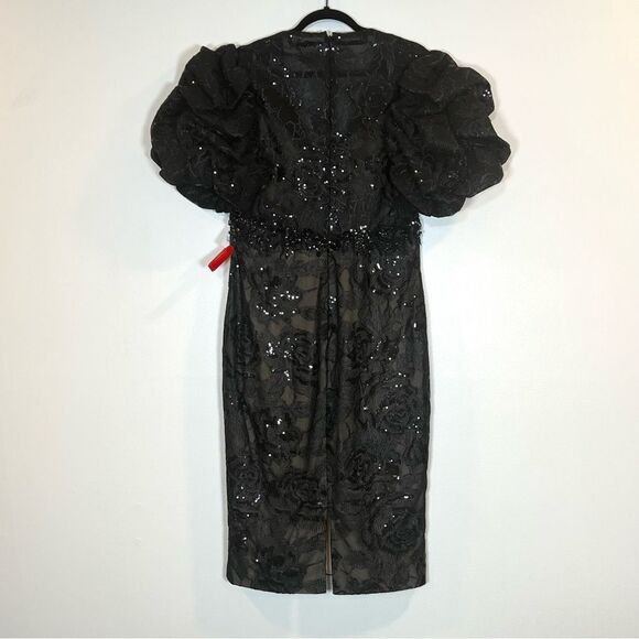 $598 Mac Duggal 12440 Size 10 Black Floral Lace Puff Sleeve V-Neck Midi Dress - Picture 8 of 11